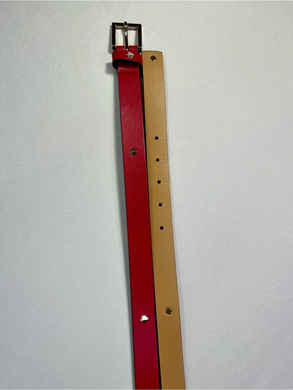 Kate Spade Women’s Red Leather  Gold Toned Square Buckle Heart Shaped Rivets - L